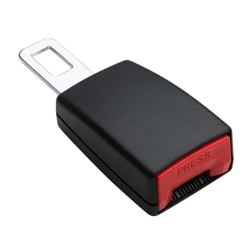 12cm car seat belt extender in black with stainless steel tongue and red press-release button.