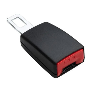 12cm car seat belt extender in black with stainless steel tongue and red press-release button.