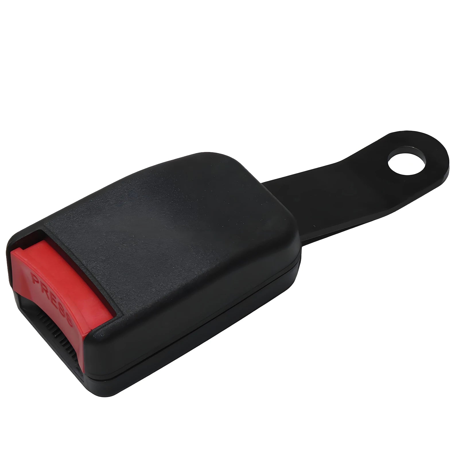 Top view of black 15cm curved plate seat belt buckle receiver showing rigid metal mounting stalk with bolt hole and red release button