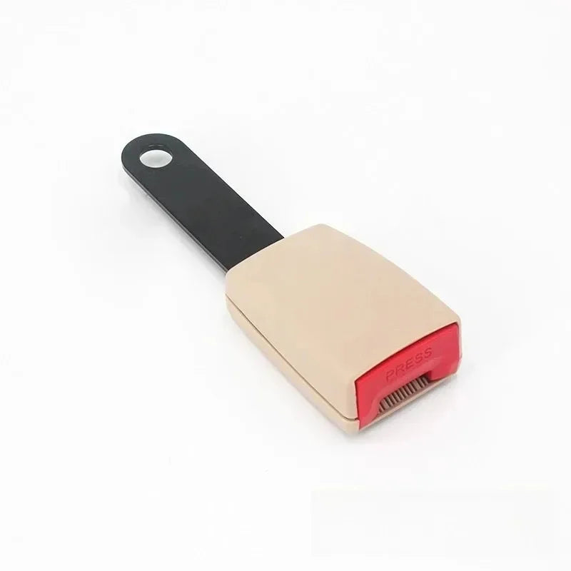 Beige universal seat belt buckle receiver with 15cm rigid flat metal plate mounting bracket for cars, vans, and campervans