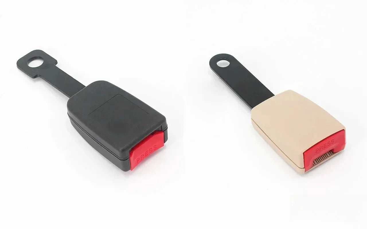 Black and beige 16cm curved seat belt buckle receivers side-by-side with red release buttons and black mounting stalks