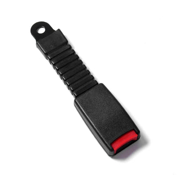 Black 19cm rigid plastic seat belt buckle receiver with loop end mounting hole and red press release button