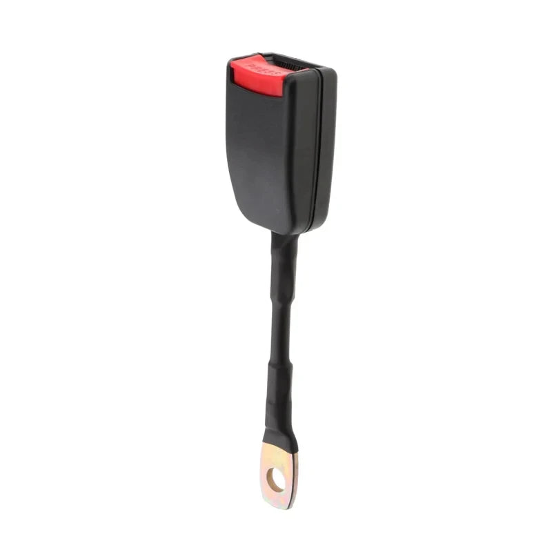 Full view of black 20cm flexible wire stem seat belt buckle receiver with red release button and brass bolt mounting hole terminal