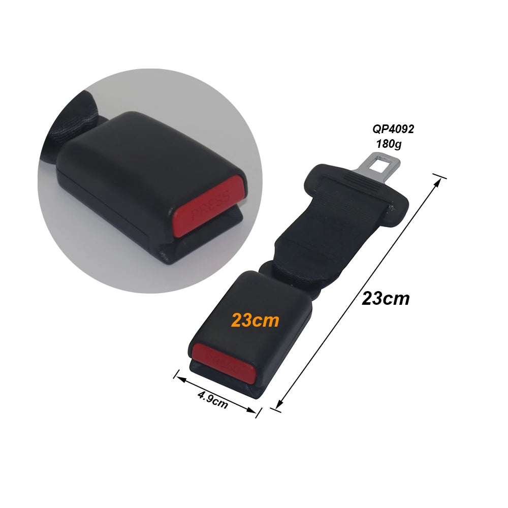 23cm black car seat belt extender showing dimensions and universal safety buckle
