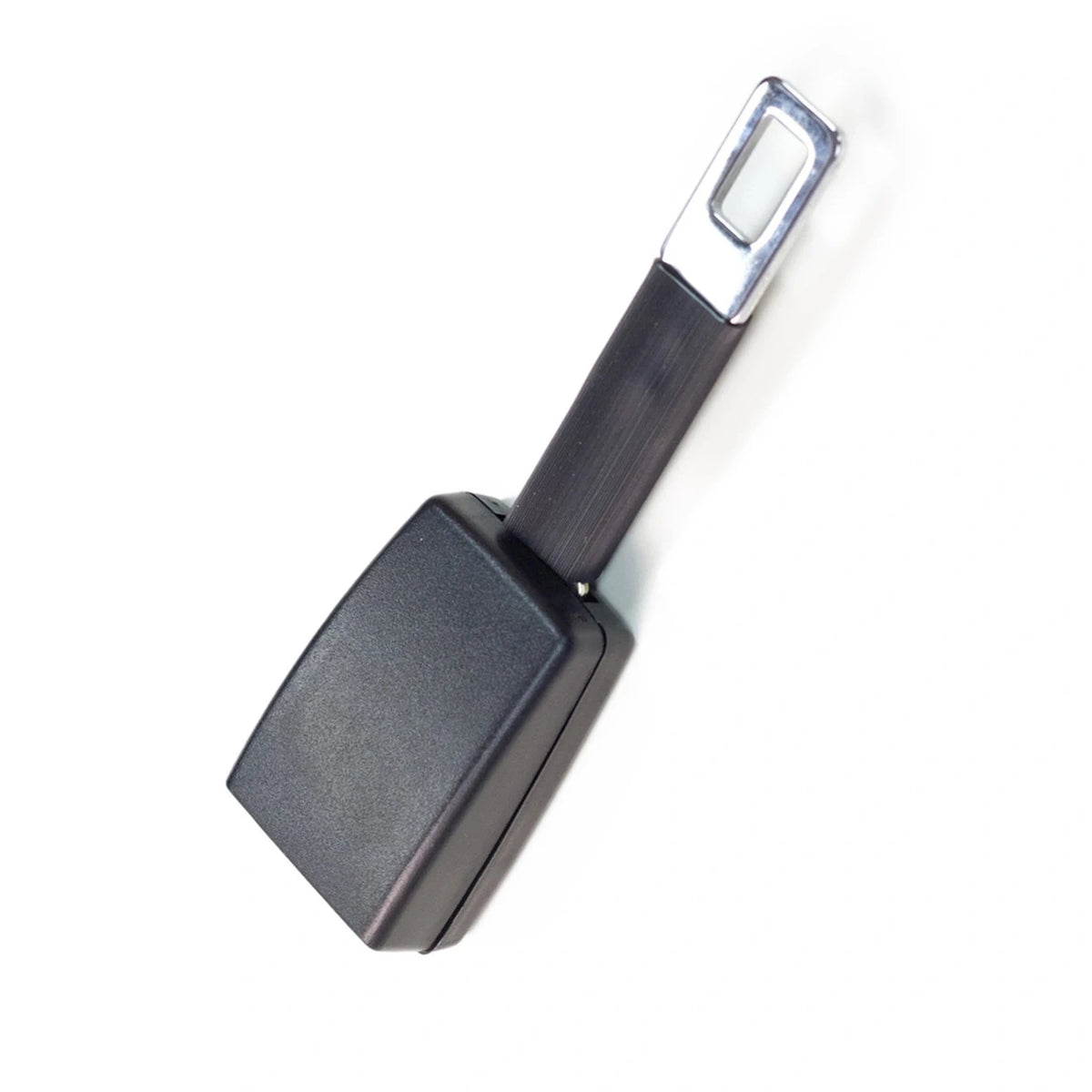 A replacement car seat belt buckle assembly with a black plastic body and a black strap, featuring a silver metal buckle tip, shown on a plain white background.