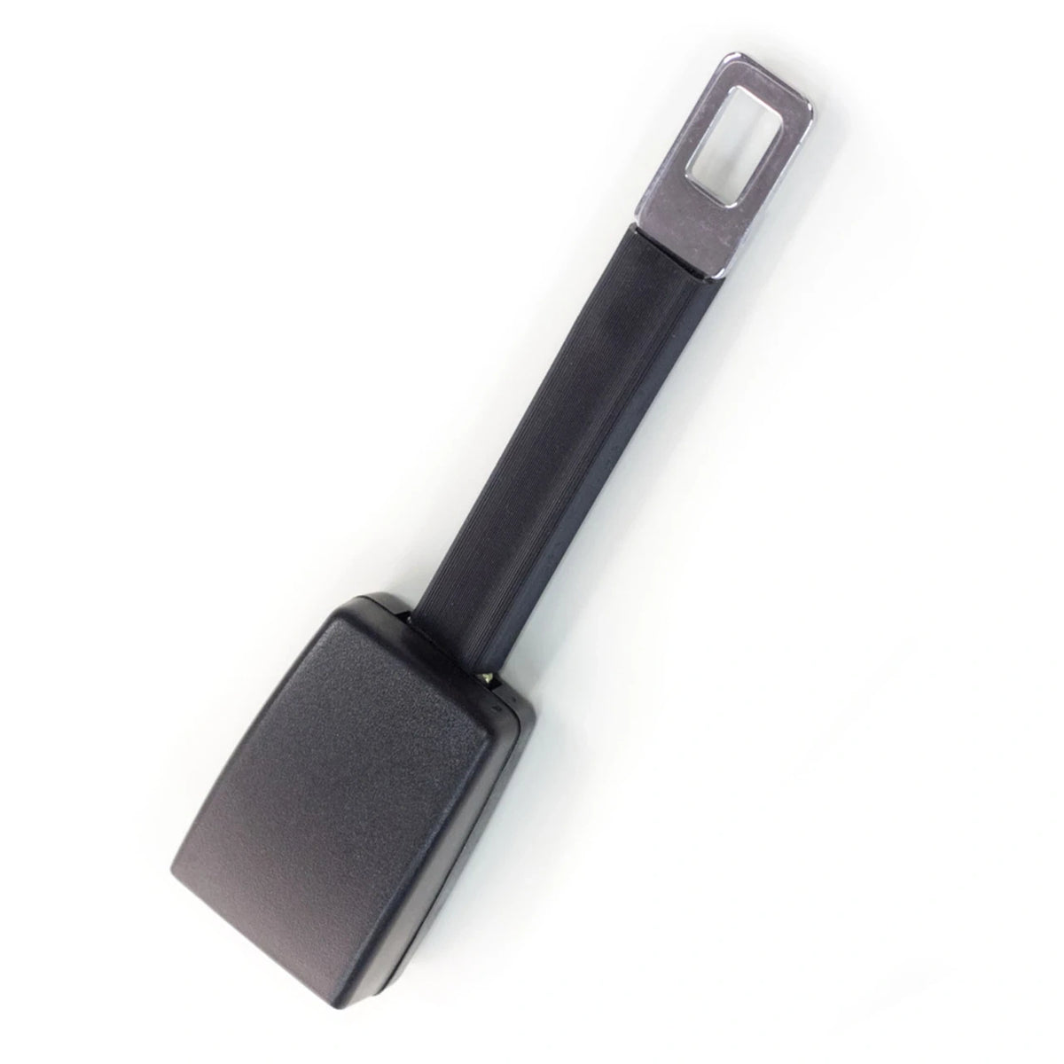 A replacement car seat belt buckle assembly with a black plastic body and a silver metal buckle plate, shown on a plain white background.