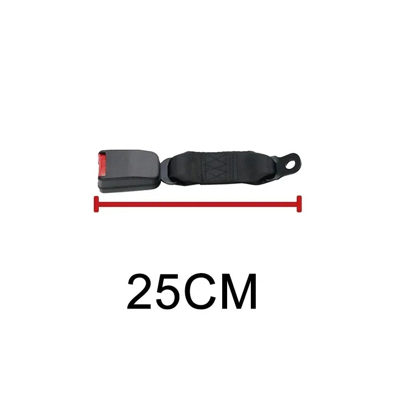 A black seat belt with a red release button,  with '25CM' extension