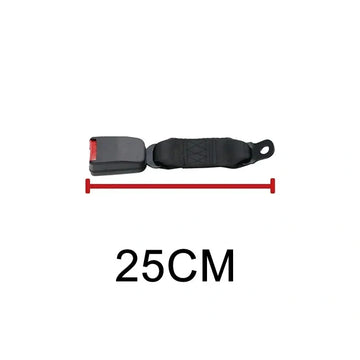 A black seat belt with a red release button,  with '25CM' extension