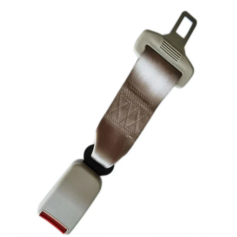 Beige 29cm universal webbing seat belt extender with metal tongue and ECE R16 certified buckle.
