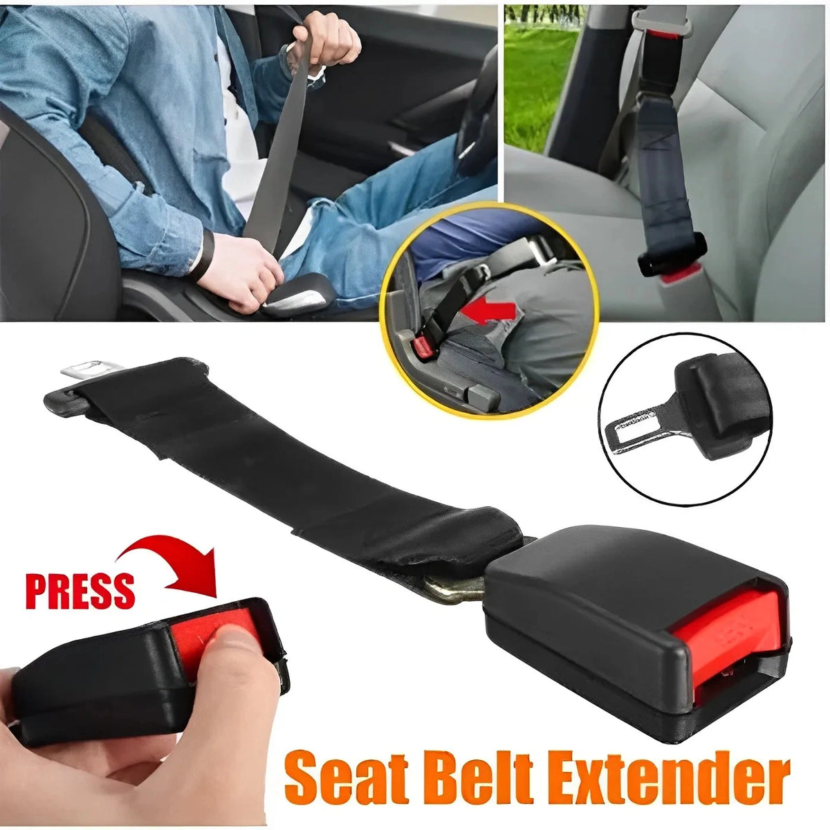Black 29cm seat belt extender shown with in-car installation photos and red button buckle release demonstration.