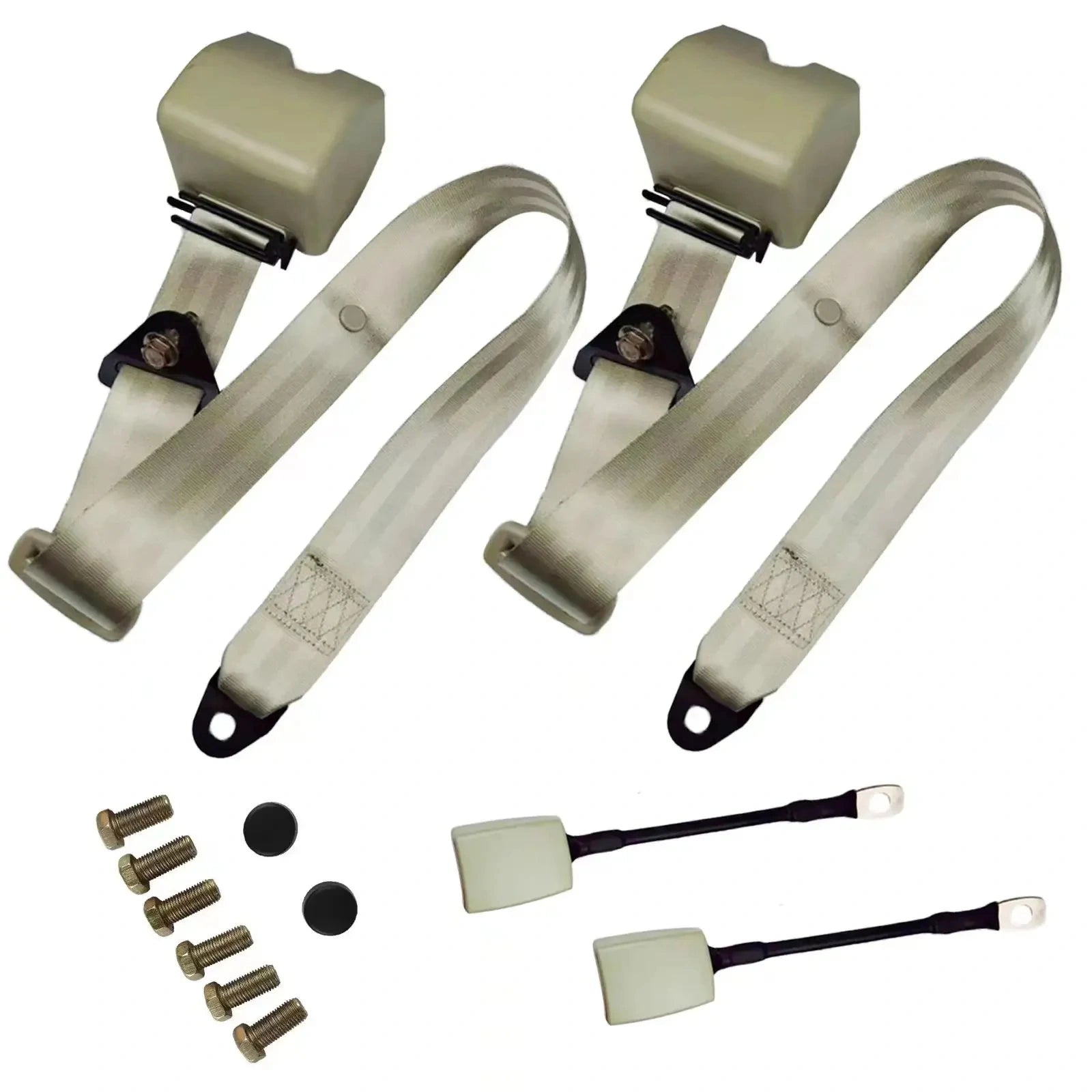 2-piece beige retractable 3-point seat belt kit with buckles and mounting hardware