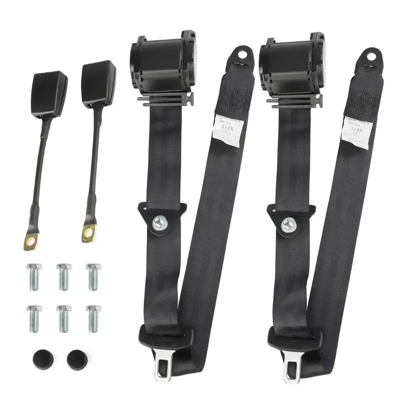 2-piece black retractable 3-point seat belt kit with buckles and mounting hardware