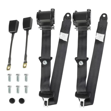 2-piece black retractable 3-point seat belt kit with buckles and mounting hardware