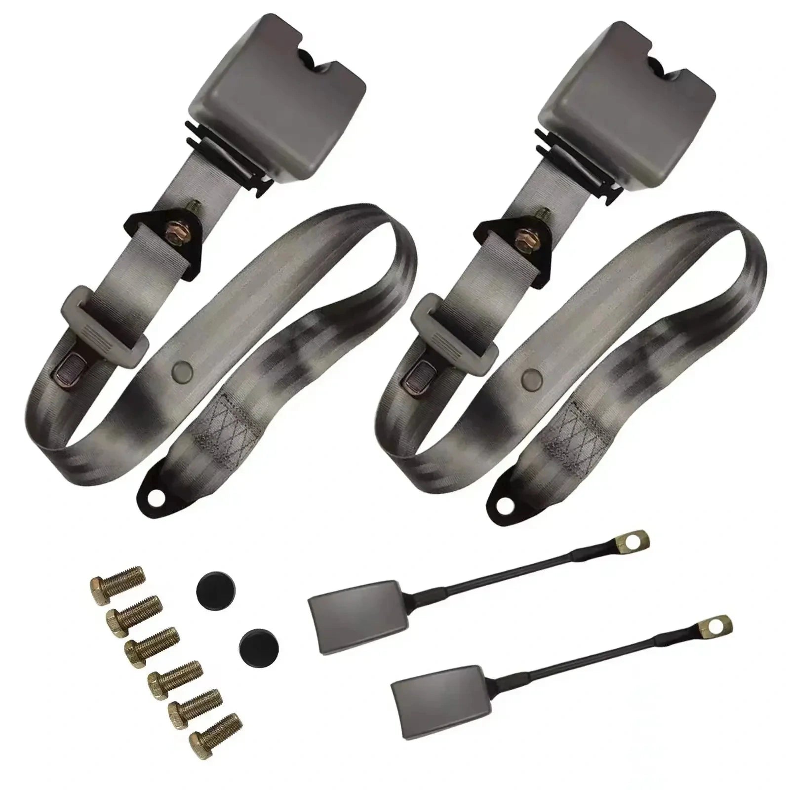 A pair of gray and black seatbelt harnesses with mounting hardware,