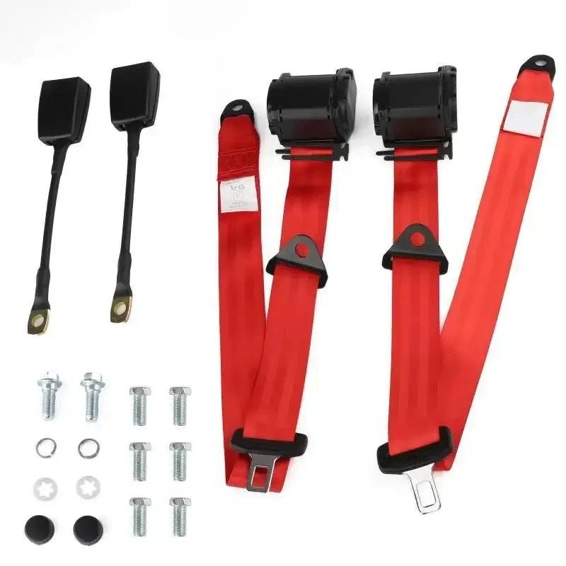 2-piece red retractable 3-point seat belt kit with buckles and mounting hardware