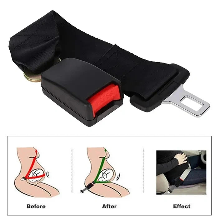 Black 32cm pregnancy seat belt extender with before and after diagrams showing how it redirects belt pressure away from the belly.
