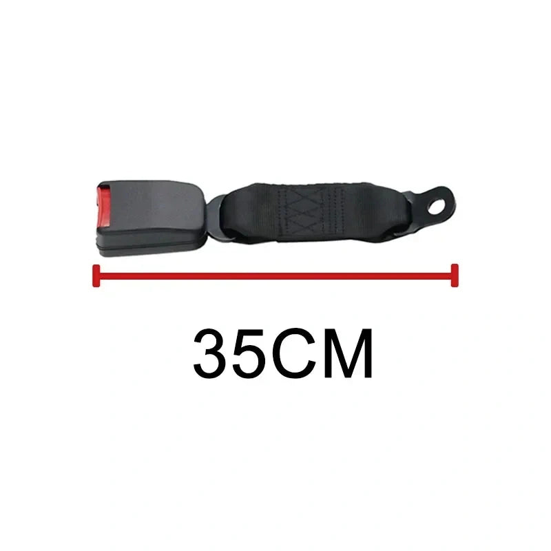 A black car seat belt with a red release lever, measurement '35CM' 