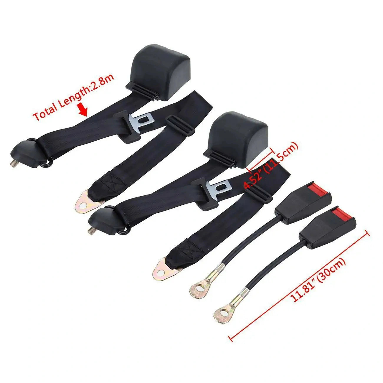 Pair of black adjustable seat belt extenders with metal mounting brackets, total length 2.8m, alongside two 30cm rigid buckle extenders with red PRESS release – Seat Belts Extender UK