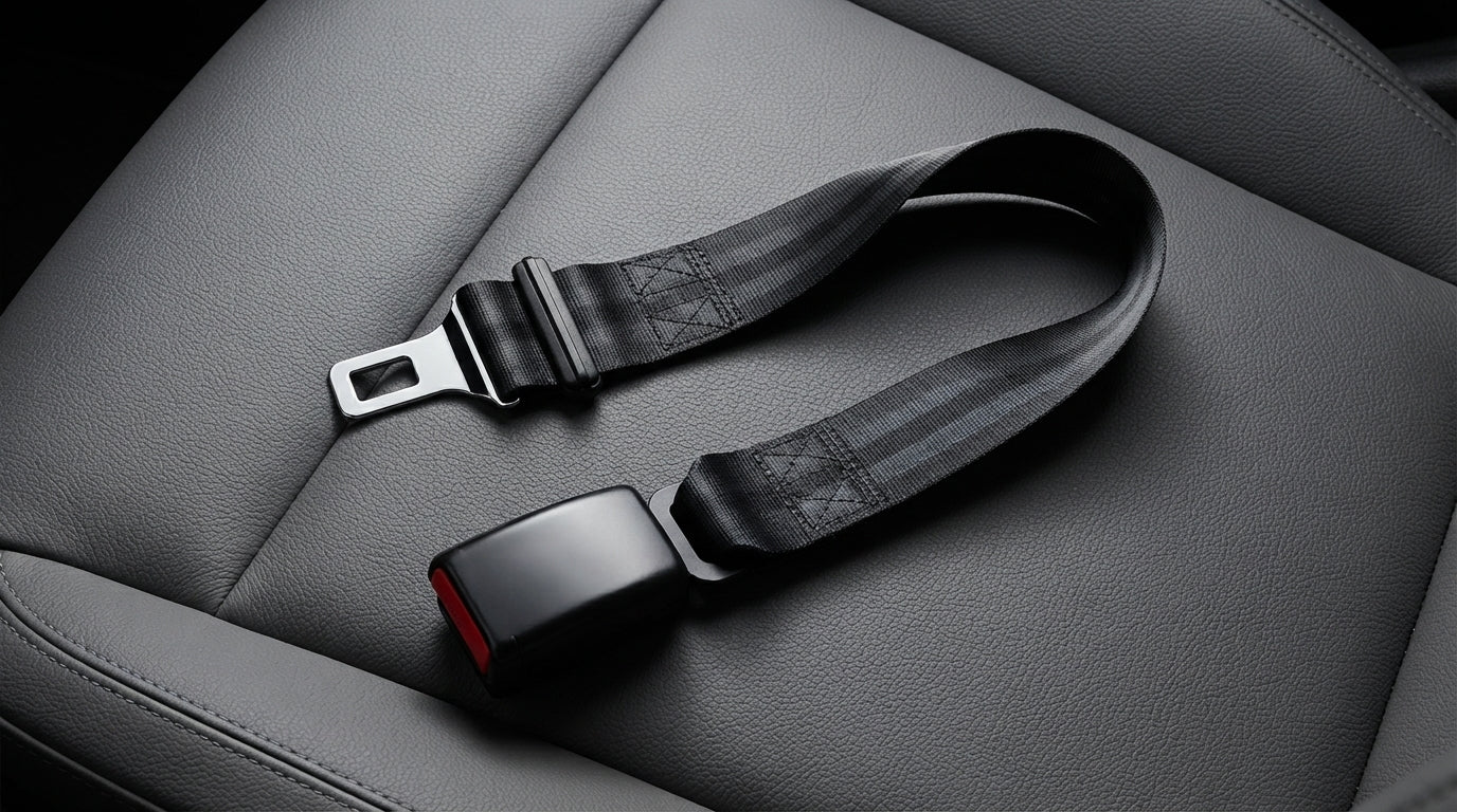 A black adjustable car seatbelt with a black buckle and silver metal tongue