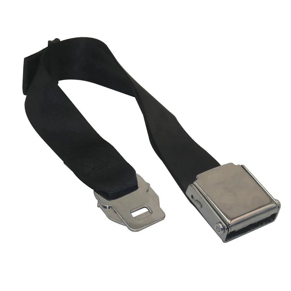 Looped black universal airplane seat belt extender with stainless steel buckle