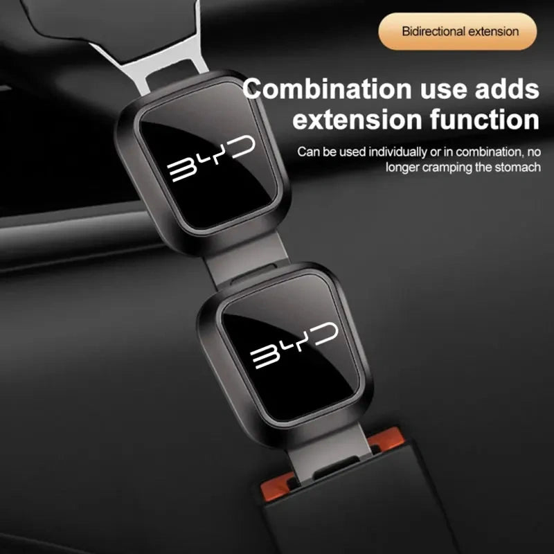 Two BYD seat belt extenders connected together demonstrating bidirectional combination use for extra length
