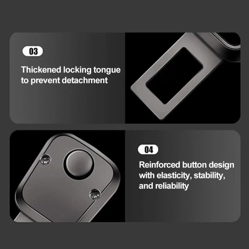 Close-up of BYD seat belt extender's thickened locking tongue and reinforced safety release button