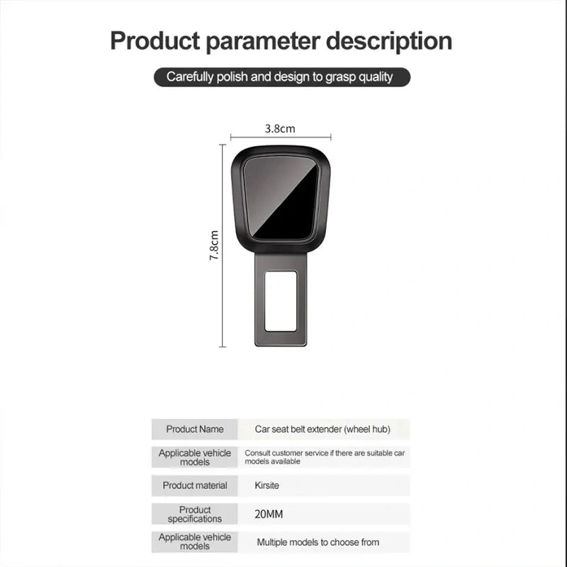 Product specification diagram of BYD car seat belt extender showing 3.8cm width, 7.8cm length, 20mm buckle size, and zinc alloy material