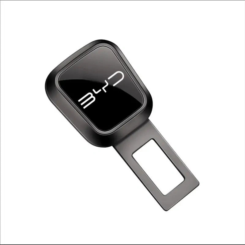 Close-up of BYD seat belt extender showing exclusive logo design and zinc alloy mirror electroplating finish