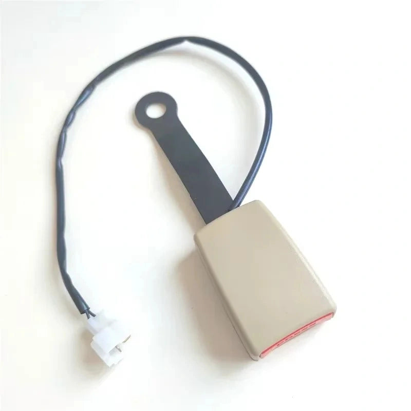 Black seat belt buckle replacement with mounting bracket, wire connector, and red press button detail