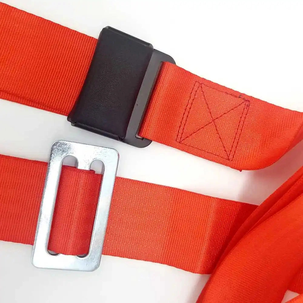 Bright orange-red webbing strap with a black plastic quick-release buckle and a silver metal buckle