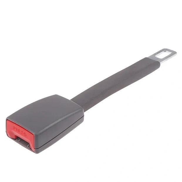 Grey 25cm rigid upright seat belt extender featuring a standard metal latch tongue and red release button for Cadillac XT5