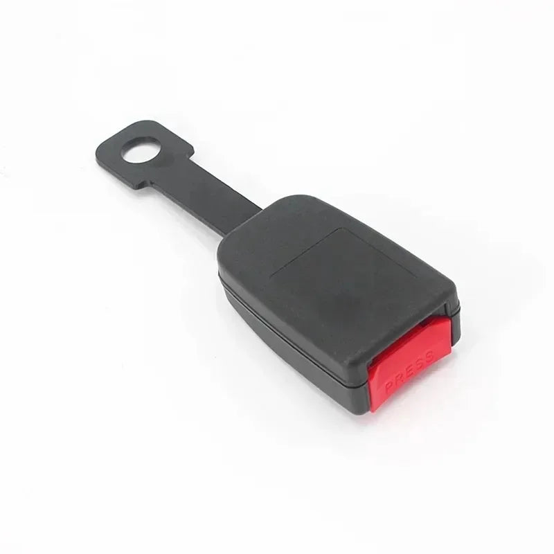 Universal black car seat belt buckle receiver with curved housing and red release button, compatible with standard 2.1cm lock tongues