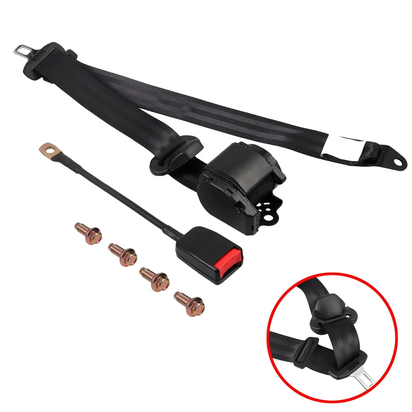 Black car seat belt assembly with buckle, belt strap, mounting hardware, and a circular inset showing the buckle detail, on a white background.