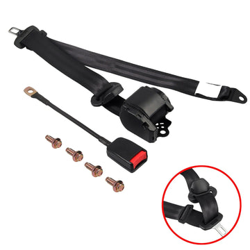 Black car seat belt assembly with buckle, belt strap, mounting hardware, and a circular inset showing the buckle detail, on a white background.