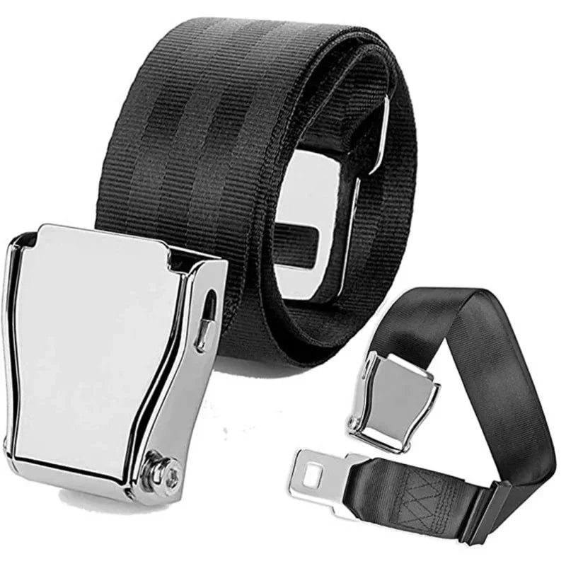 Type A airplane seat belt extender in black with polished metal lift-latch buckle, featuring adjustable nylon strap for extra flight comfort