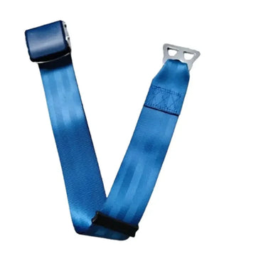Blue Type B airplane seat belt extender with metal buckle and adjustable nylon strap on a white background
