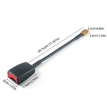 Dimension diagram of flexible wire seat belt buckle receiver showing 29.5 cm total length, 7.5 cm buckle head, and 2.2 cm mounting hole