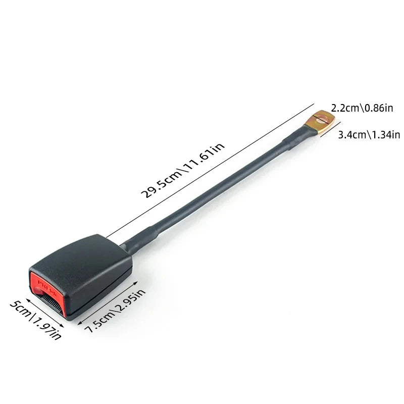 Dimension diagram of flexible wire seat belt buckle receiver showing 29.5 cm total length, 7.5 cm buckle head, and 2.2 cm mounting hole