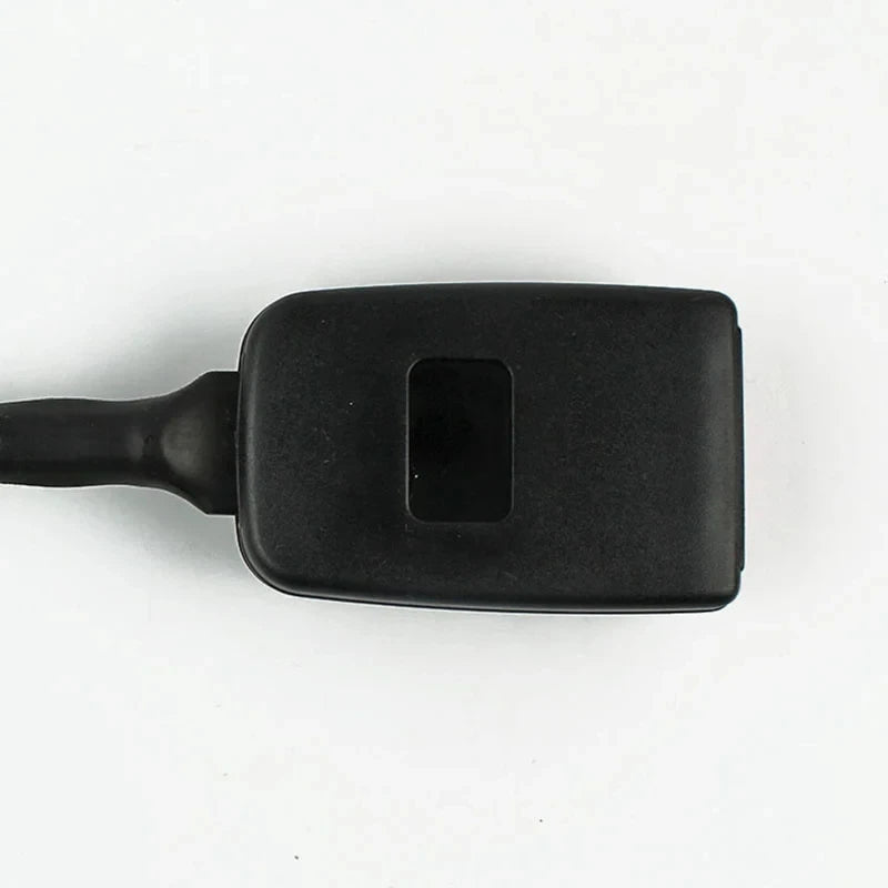 Back view close-up of the smooth black plastic housing on a flexible wire stem seat belt buckle receiver