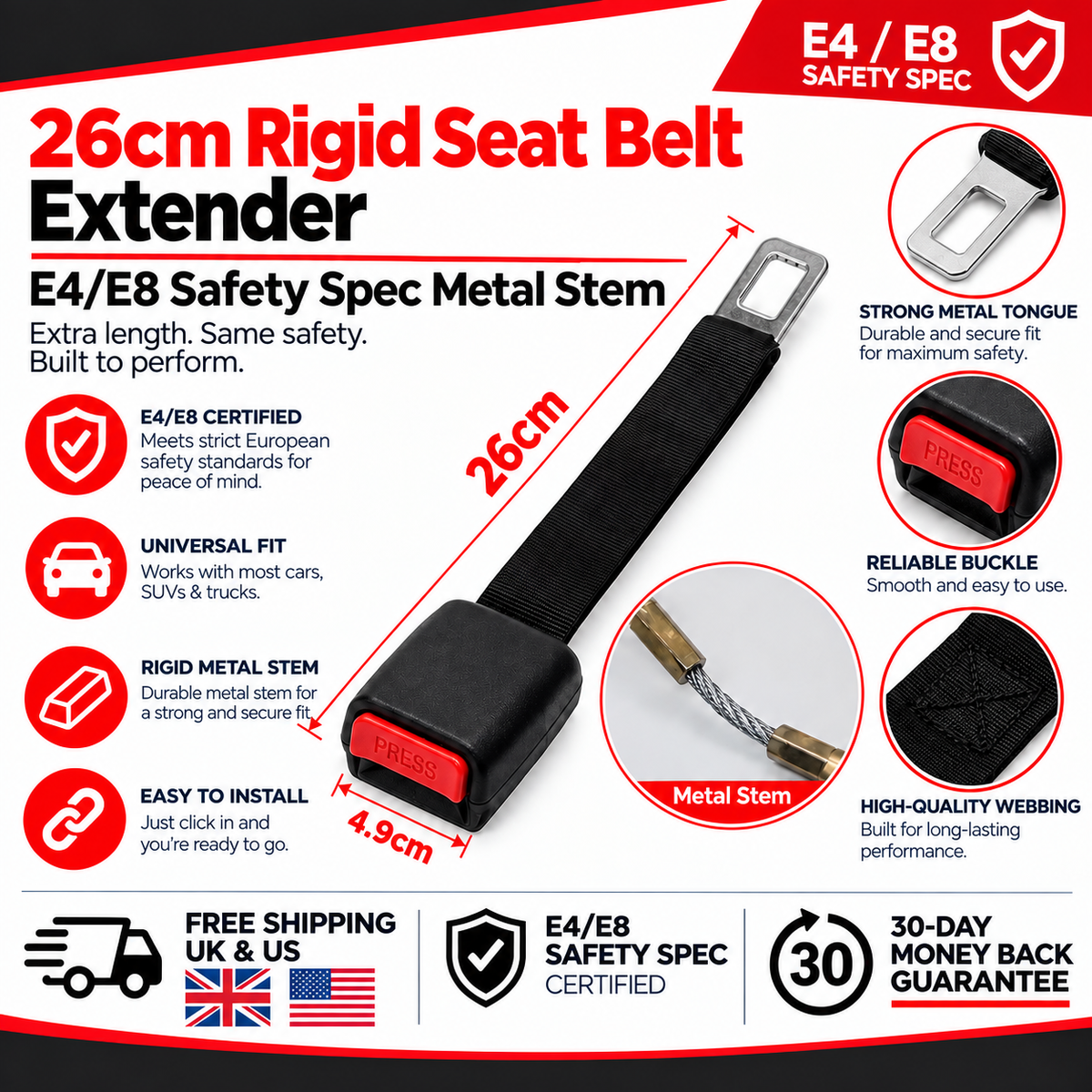 26 cm Rigid Seat Belt Extender | E4/E8 Safety Spec Metal Stem