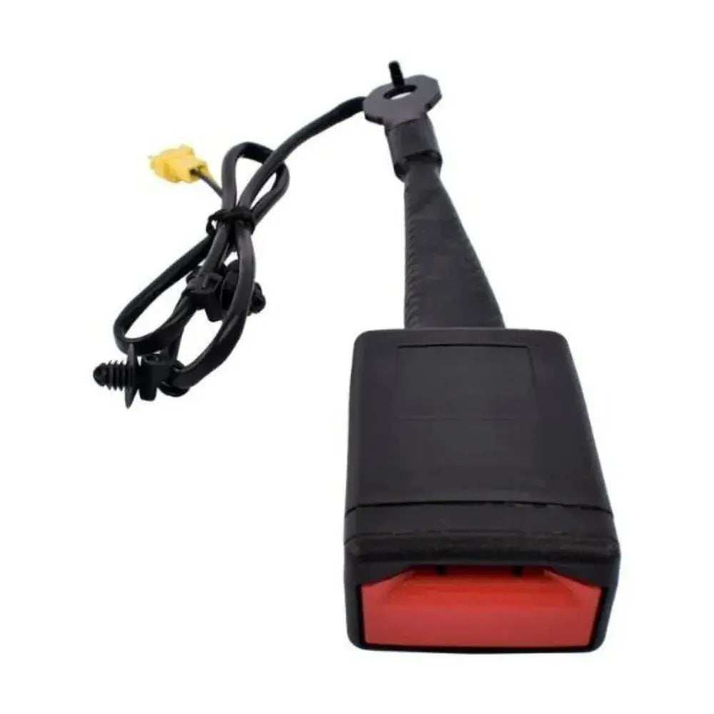 Black front seat belt receiver socket base featuring a red release button and an attached electrical wiring harness with a yellow SRS sensor connector for Mercedes-Benz models.