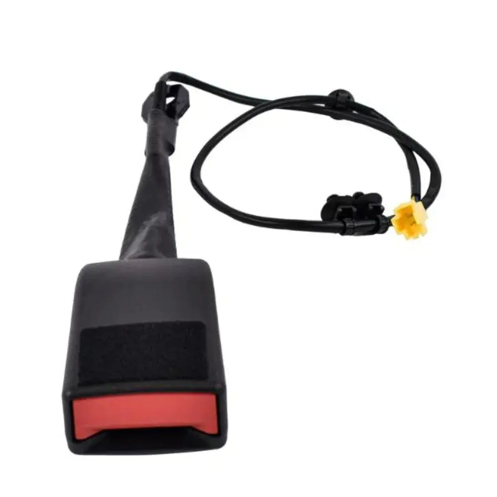 Black front seat belt buckle socket base with red release button and integrated SRS sensor wiring harness for Mercedes-Benz A, B, CLA, GLA, and GLB models.