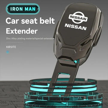 Nissan branded car seat belt extender in zinc alloy helmet-style design displayed on stand
