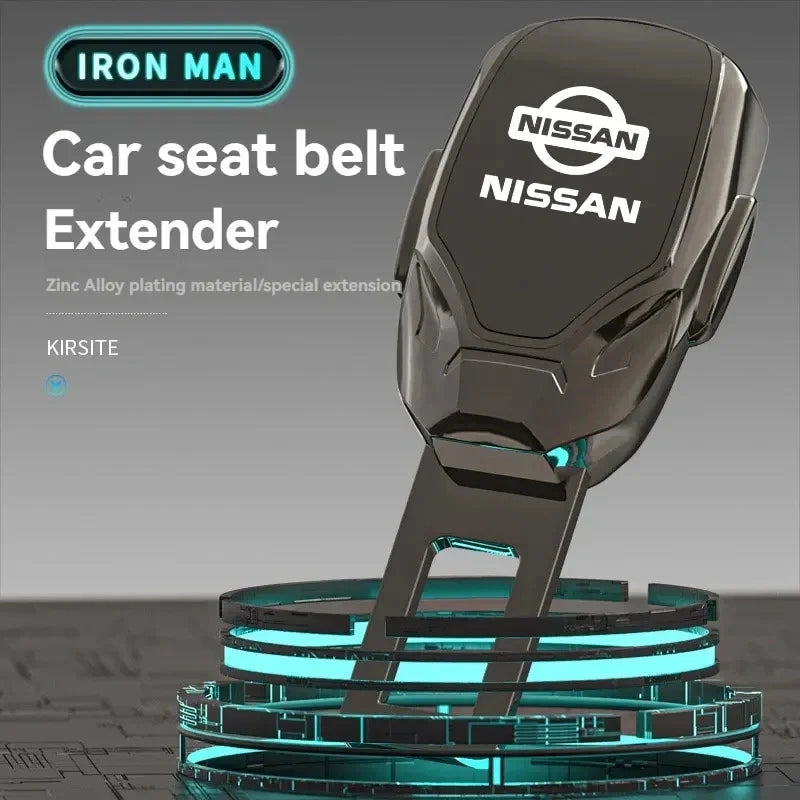 Nissan branded car seat belt extender in zinc alloy helmet-style design displayed on stand
