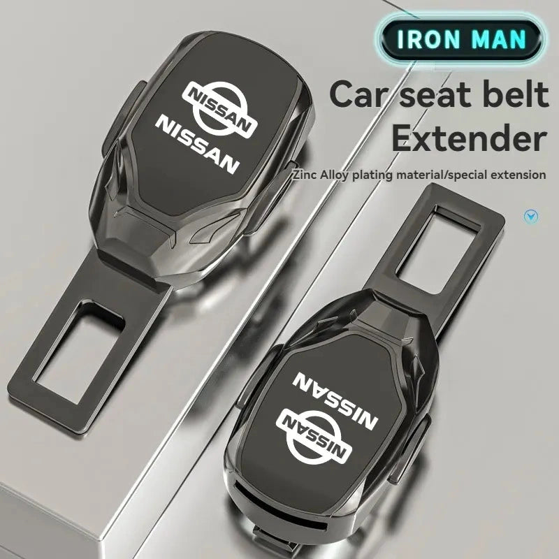 Nissan logo seat belt extender in helmet-style zinc alloy plated design, front and back view