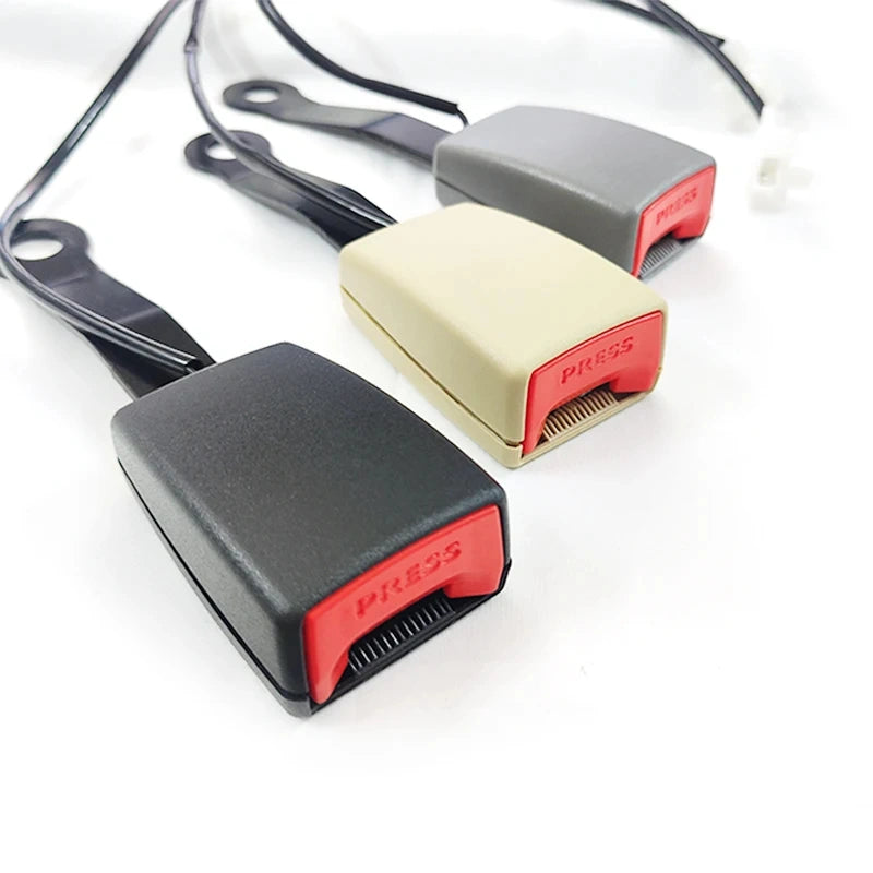 Three car seat belt buckle replacements in black, beige, and gray with mounting straps and connectors