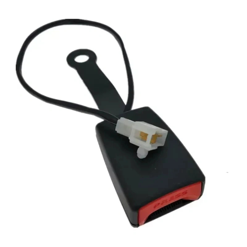 Black seat belt buckle replacement with mounting bracket, wire connector, and red press button detail
