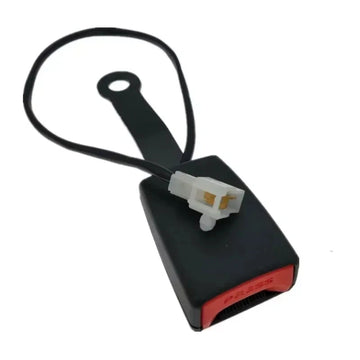Black seat belt buckle replacement with mounting bracket, wire connector, and red press button detail