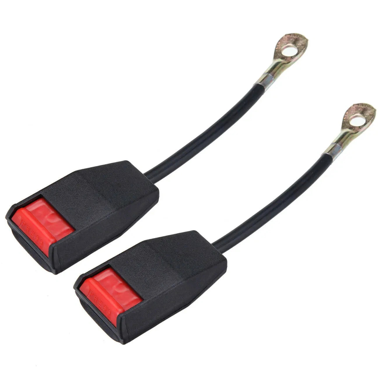 Two black automotive seat belt quick-release buckles with red release buttons and metal ring terminals on a white background.