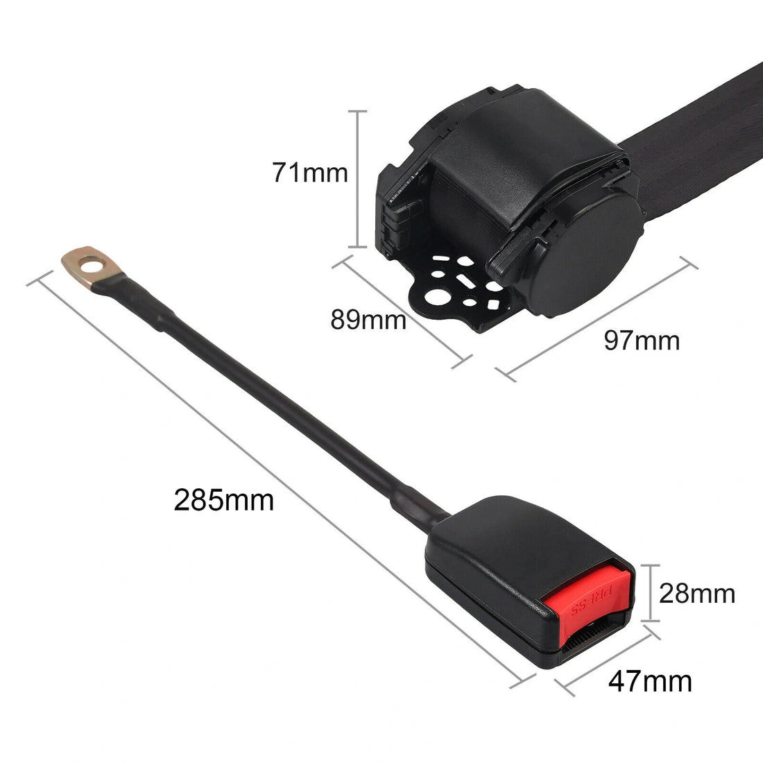 Black car seat belt assembly with buckle, belt strap, mounting hardware, and a circular inset showing the buckle detail, on a white background.